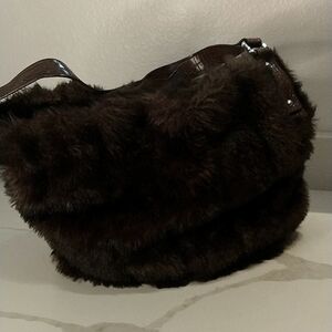 Bath & Body Works Brown Soft Faux Fur Shoulder Hobo Bag Purse Tote 16”x16”‎